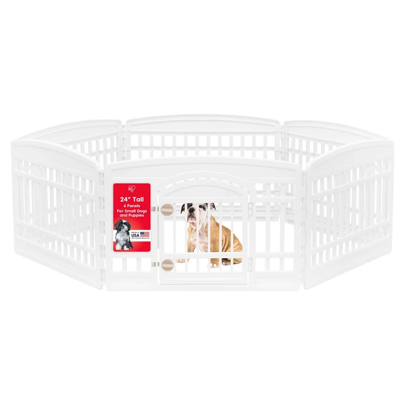 IRIS USA 24" Exercise 6-Panel Pet Playpen with Door, Dog Playpen For Puppy Small Dogs Keep Pets Secure Easy Assemble Easy Storing Customizable Non-Skid Rubber Feet, White