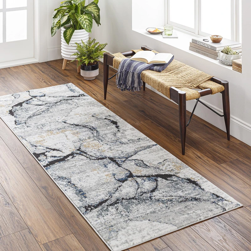 Livabliss Berlin Abstract - Runners Living Room 80x220 cm, Hallway, Dining Room Area - Modern Marble Large , Soft Luxurious Easy Care Medium Pile, Grey, Blue and Ivory