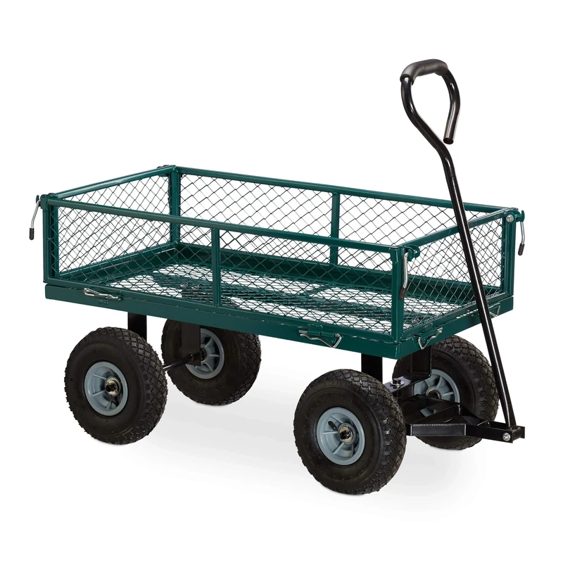 Relaxdays Wagon, Practical Garden Hand Cart, Outdoor Transporter Foldable Sides, up to 150 kg, Green, Steel