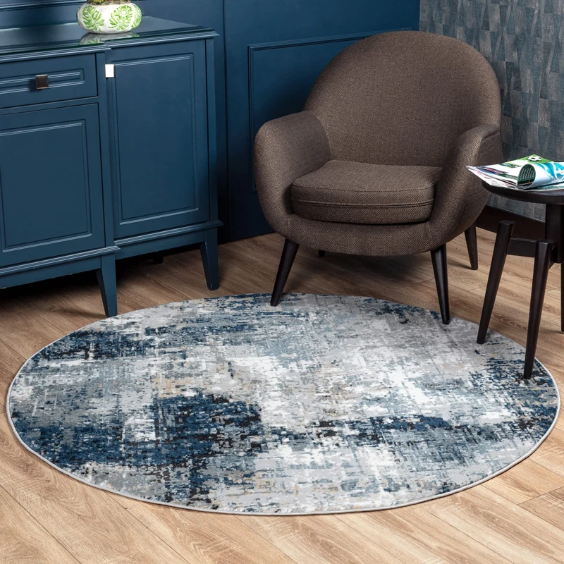 Livabliss Paris Abstract Design – 160 cm Round, Soft Luxurious Medium Pile Floor Mat for Living Room, Bedroom, Dining Room, Lounge & Kitchen – Modern Marble Pattern, Easy Care, Blue, Grey & Beige