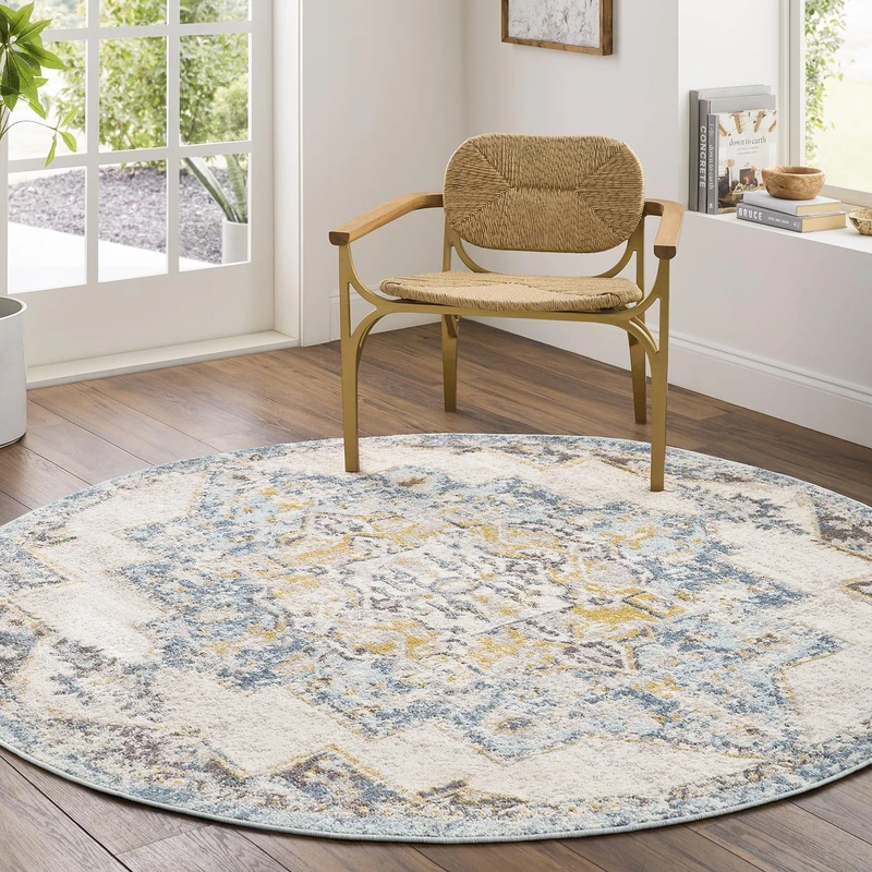 Livabliss Orlando Vintage Rug - Area Rugs for Living Room 160 cm, Bedroom - Scandi Neutral Rugs, Traditional Patterned Boho Style, Natural Easy Care Pile - Large Rug, Blue, Mustard and Beige