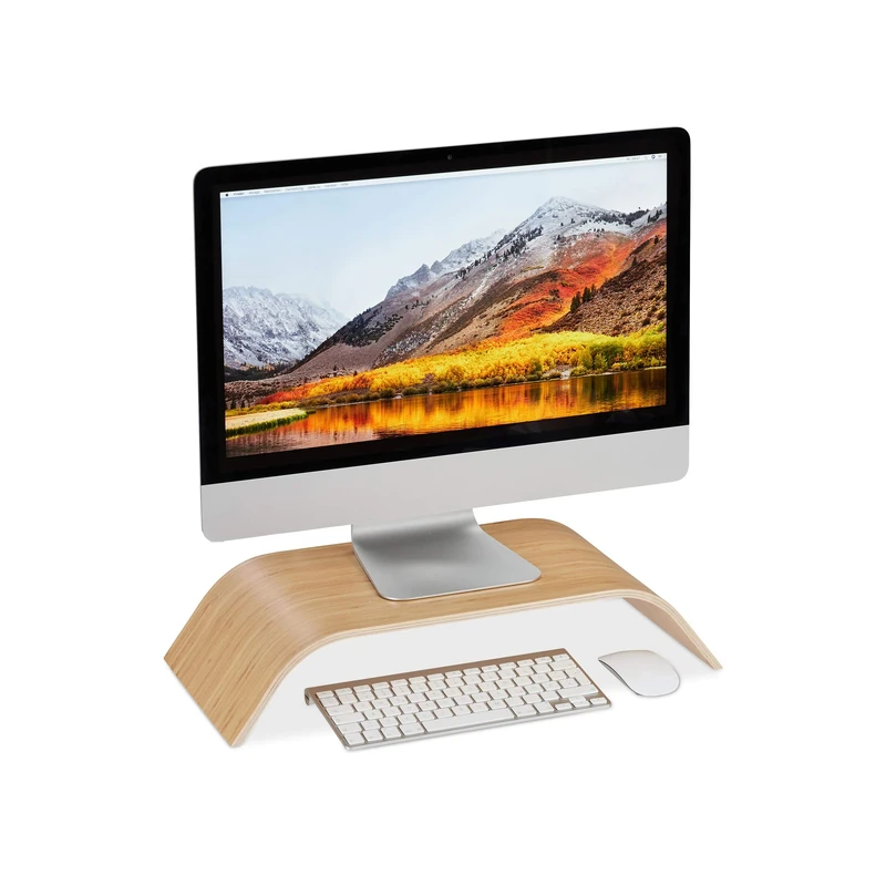relaxdays Bamboo Display Stand, Curved Desk Display Riser, Ergonomic, HWD 10x52.5x24 cm, Natural