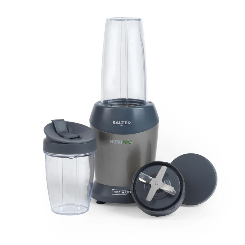 Salter EK2002V4SILVER NutriPro 1000 Blender - Multifunction Cold Beverage Smoothie Maker, Healthy Juicer, Nutrient Extractor, 2 Blending Cups (800ml/1L) & Stay Fresh Lids, On The Go Drinks, 1000W
