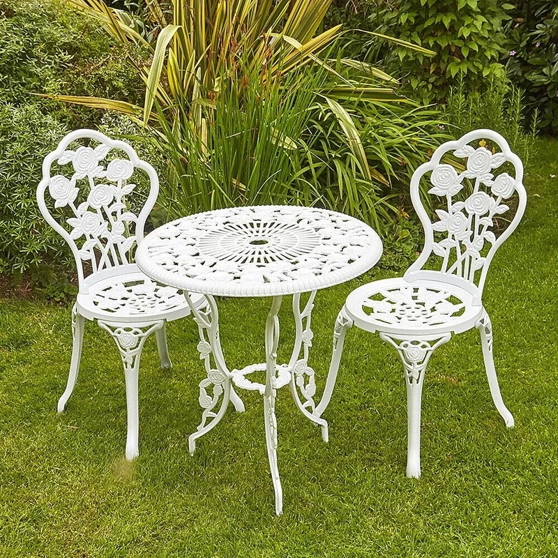 Home Source Rose Garden Patio Outdoor Bistro Set Table and 2 Chairs Metal Garden Furniture, White