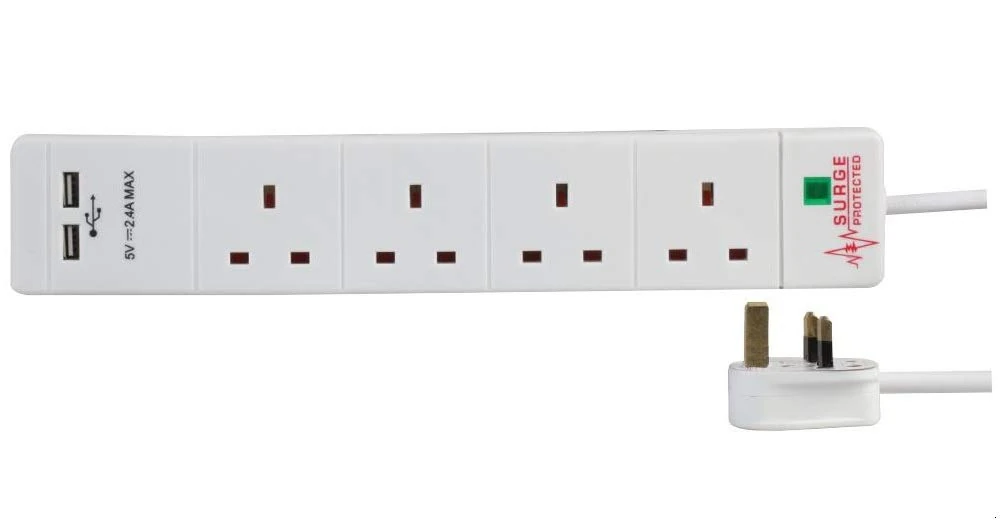 Pro Elec PEL00096 4 Gang 2 USB Surge Protected Extension Lead, 1 m, White