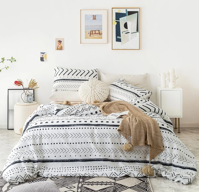YuHeGuoJi Aztec Striped Duvet Cover King 100% Cotton 3 Pcs Set 1 Black White Geometric Boho Duvet Cover with Zipper Ties 2 Pillowcases Southwestern Tribal Arrow Polka Dots Print Bedding Set Soft