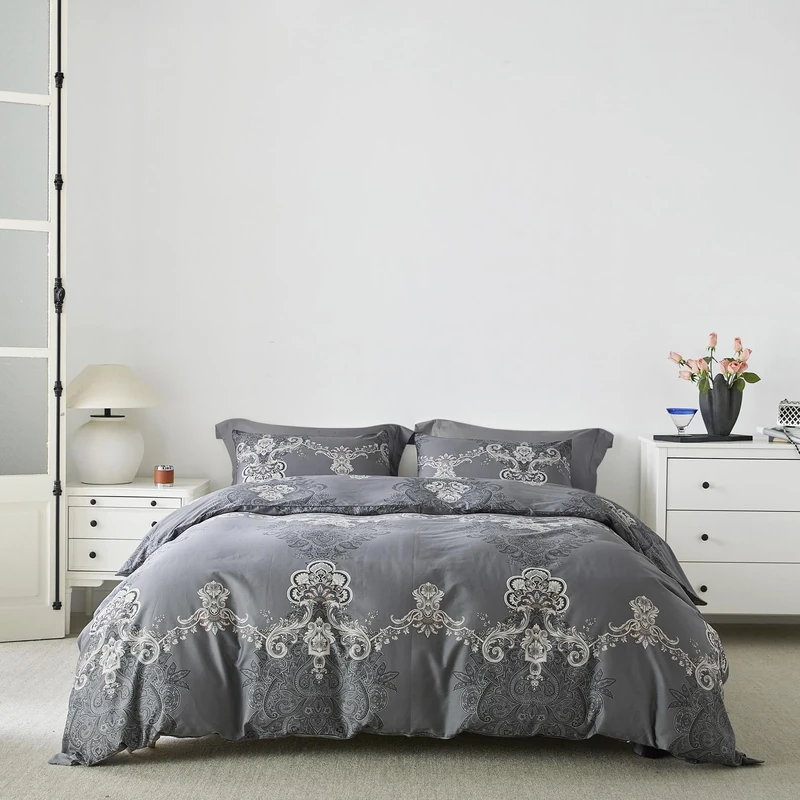 YuHeGuoJi Gray Duvet Cover King Size 100% Egyptian Cotton Boho Damask Duvet Cover Set 3 Pieces 1 Paisley Medallion Pattern Duvet Cover with Zipper Ties 2 Pillowcases Grey Bedding Super Soft Breathable