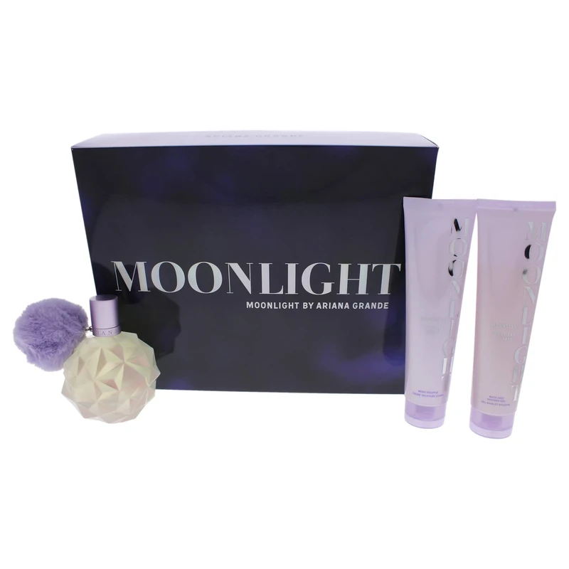 Ariana Grande Moonlight for Women - 3 Pc Gift Set 3.4 oz EDP Spray, 3.4 oz Body Creme, 3.4 oz Bath and shower gel, Launched by the design house of Ariana Grande. This floral fruity fragrance has a blend of blavk currant, plim, marshmallow, peony, amber, sandalwood, and vanilla