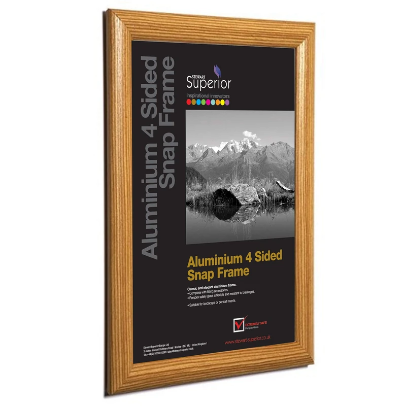 Stewart Superior A4 Aluminium 4 Sided 25mm Front Loading Picture/Poster Snap Frame - Light Wood Finish