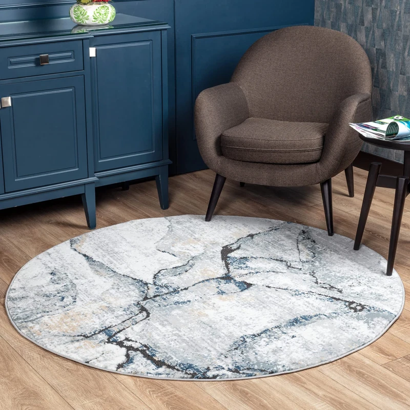 Livabliss Berlin Abstract - Areas Living Room 200x200 cm, Dining Room, Lounge, Kitchen, Bedroom - Modern Marble Large , Soft Luxurious Easy Care Medium Pile, Grey, Blue and Ivory