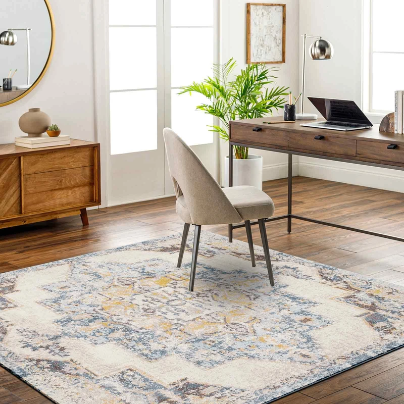 Livabliss Orlando Vintage Rug - Area Rugs for Living Room 200 cm, Bedroom - Scandi Neutral Rugs, Traditional Patterned Boho Style, Natural Easy Care Pile - Large Rug, Blue, Mustard and Beige