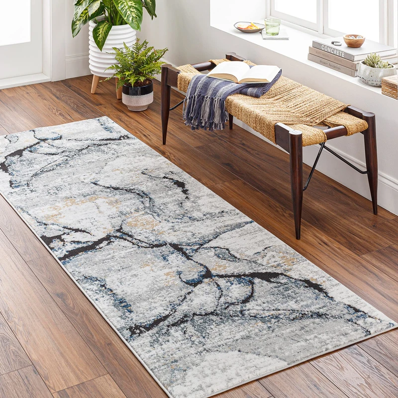 Livabliss Paris Abstract – Runner Carpet 80x220 cm for Living Room, Hallway, Dining – Modern Marble Design, Soft Luxurious Easy Care Medium Pile, Large Carpet in Blue, Grey and Beige