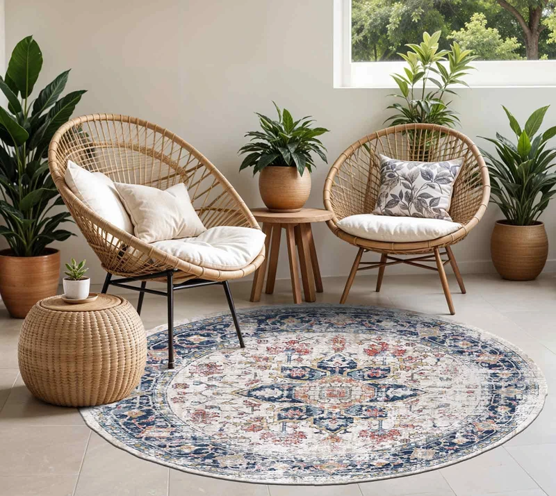 Livabliss Safi Indoor Outdoor Rug - Large Boho Rugs for Living Room 160x160 cm Dining, Kitchen Carpet, Patterned Neutral and Coloured Rugs, Waterproof, Stain Durable - Blue, Rust and Beige