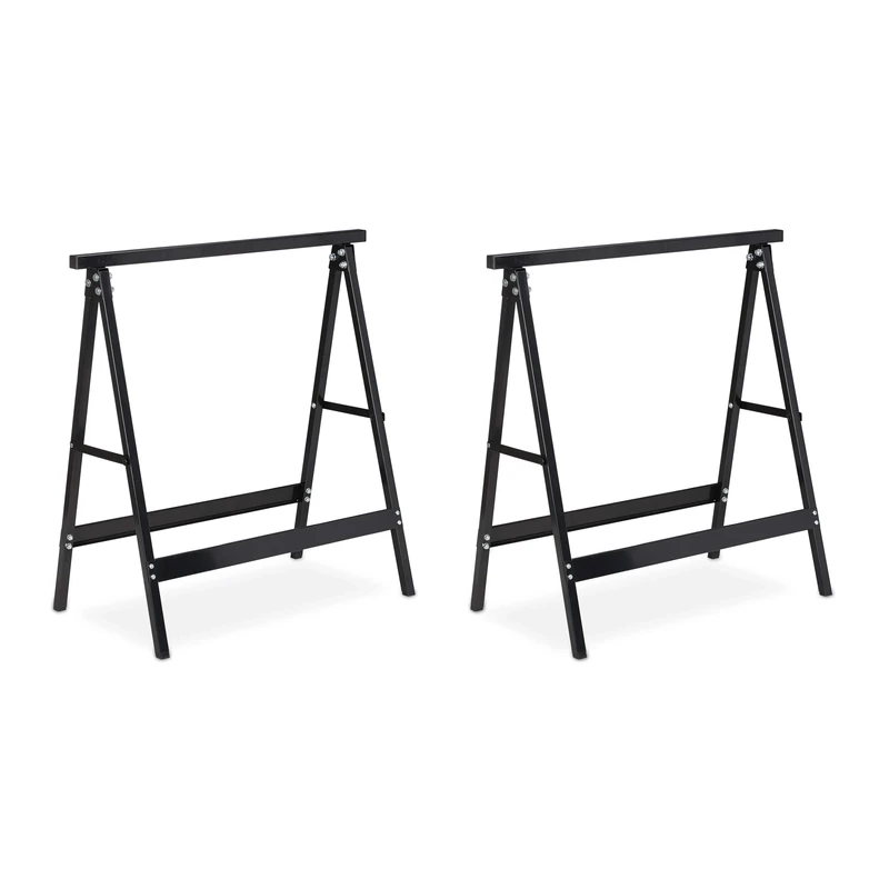 Relaxdays Set of 2 Folding Trestle Legs, Capacity up to 100 kg, Solid Sawhorse, Working Height 75 cm, Compact, Steel, Black