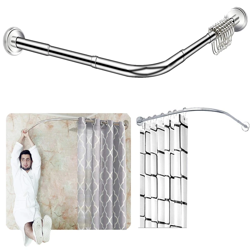 Quany Life Stretchable Corner Shower Curtain Rod - Drill Free Install 304 Stainless L Shaped 23.6-35.4" x 40-67",for Bathroom, Clothing Store（Free Curtain Hook ）