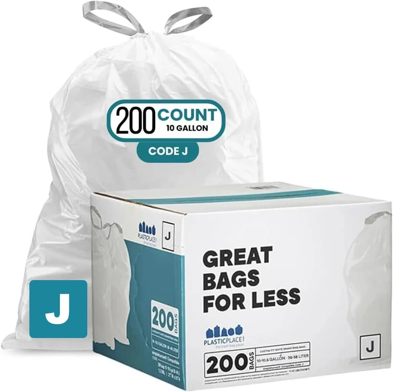 Plasticplace Custom Fit Bin Bags Compatible with Code J, White Drawstring Bin Liners, 10-10.5 Gallon / 38-40 Liters, 21" x 28", Tear-Resistant 1.2 Mil, 200 Count (Pack of 1) - Image 1