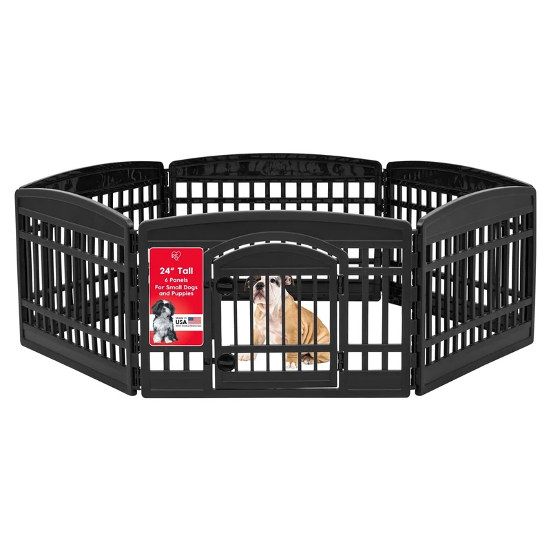 IRIS USA 24" Exercise 6-Panel Pet Playpen with Door, Dog Playpen For Puppy Small Dogs Keep Pets Secure Easy Assemble Easy Storing Customizable Non-Skid Rubber Feet, Black