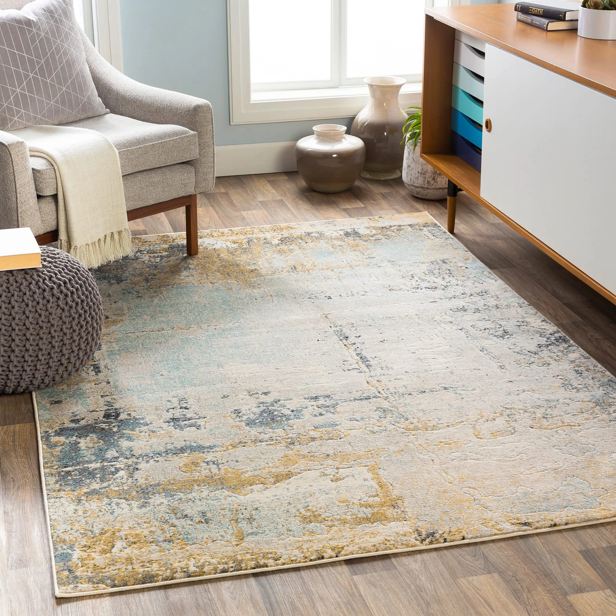 Livabliss Lublin Abstract Rug - Area Rugs Living Room 200x274 cm, Dining Room, Lounge, Kitchen, Bedroom - Modern Marble Large Rug, Soft Luxurious Easy Care Medium Pile, Beige, Yellow, Grey