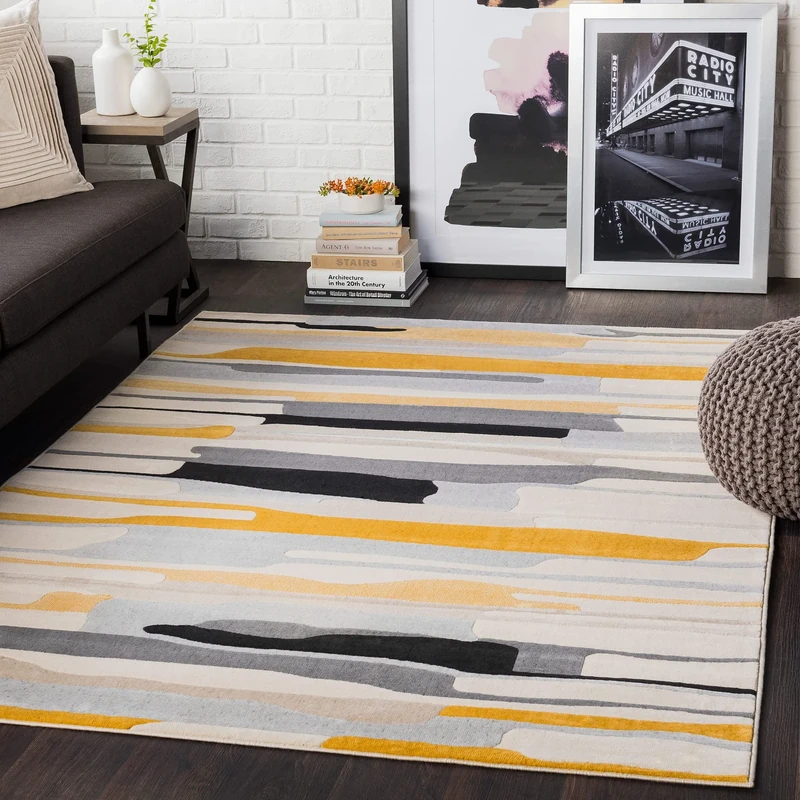 Livabliss Atlanta Geometric Rug - Scandi Area Rugs Living Room 200x274 cm, Dining, Kitchen - Neutral, Abstract Patterned Rugs, Boho Rug Style, Easy Care Pile - Large Rug, Mustard, Grey and Beige Rug