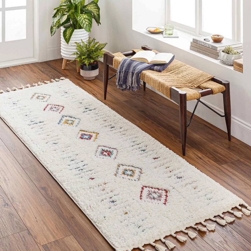 Livabliss Funafuti Geometric Rug, Scandi Area Living Room 80 x 220 cm, Dining, Kitchen, Neutral, Abstract Patterned, Boho Style, Easy Care Pile, Large, Cream, Yellow and Blue