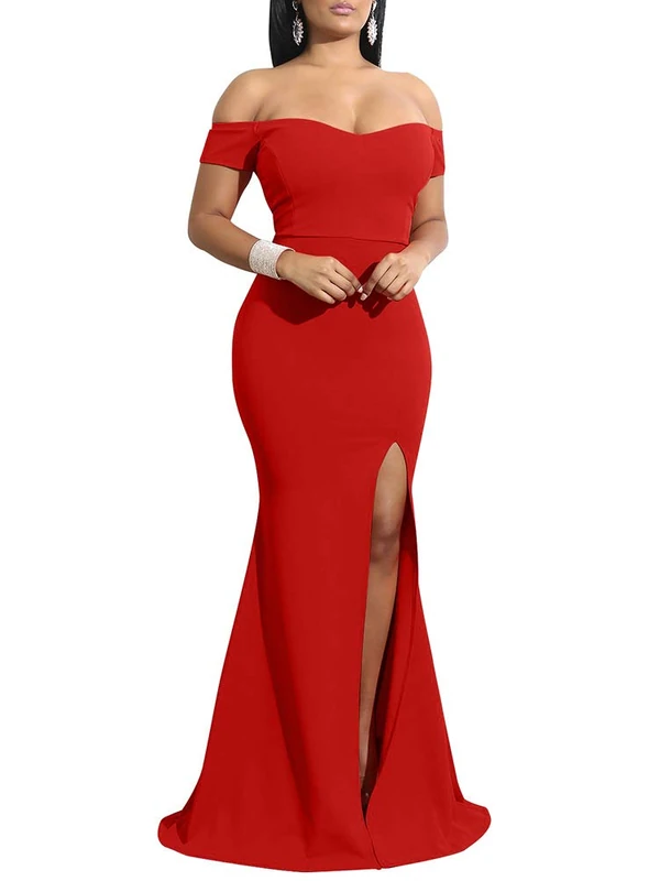 YMDUCH Women's Off Shoulder High Split Long Formal Party Dress Evening Gown, Red, XXL