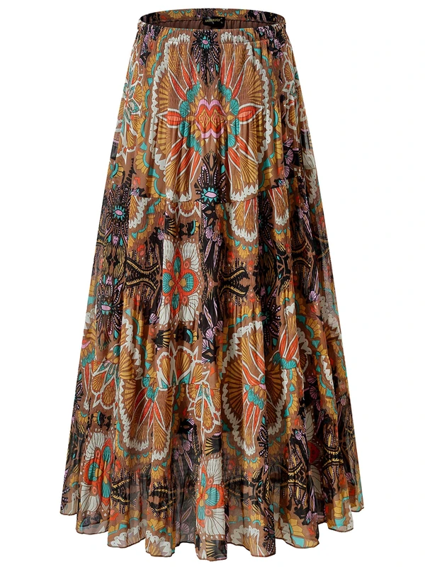NASHALYLY Women's Chiffon Elastic High Waist Pleated A-Line Flared Maxi Skirts, Flower-205, Large