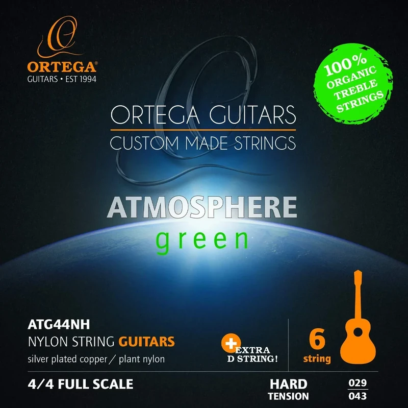 Ortega Guitars Nylon Guitar Strings – Set for 4/4 Guitar, Hard – Atmosphere Green Series – Extra D String – Plant-Based Nylon/Silver-Plated Copper (ATG44NH)
