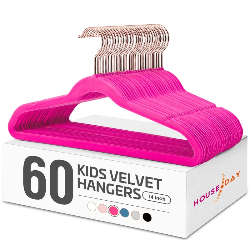 HOUSE DAY Velvet Kids Hangers 60 Pack, Premium Childrens Hangers for Closet, Ultra Thin Cute Clothes Hanger, Non Slip Small Felt Hanger 14 Inch for Kids Clothes, Hot Pink
