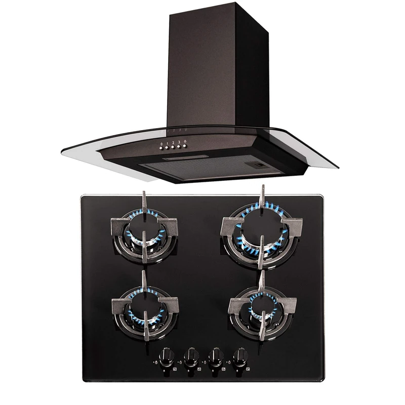 SIA 60cm 4 Burner Black Gas On Glass Hob And Curved Glass Cooker Hood Extractor