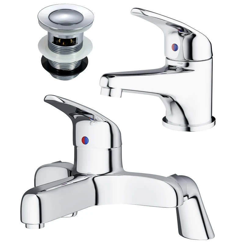 Nes Home Studio Chrome Bathroom Basin Mono Mixer Tap & Deck Mounted Bath Filler Tap & Waste