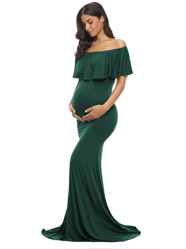 Glampunch Womens Off Shoulder Maternity Dress Ruffles Elegant Slim Gowns Fit Maxi Photography Dress - - X-Large - Image 1