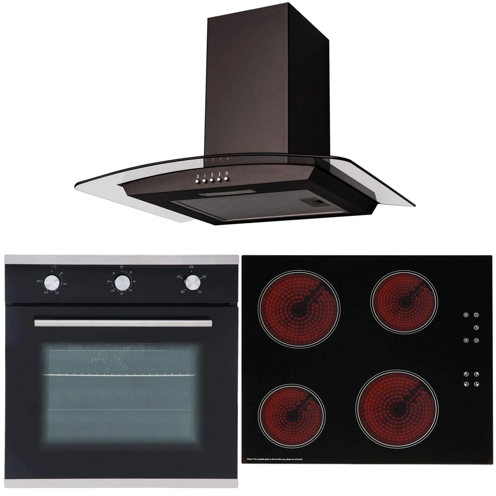 SIA 60cm Black Single Fan Oven, 4 Zone Ceramic Hob And Curved Glass Cooker Hood