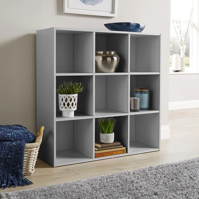 Home Source Storage 9 Shelf Cube Bookcase Wooden Display Unit, Grey