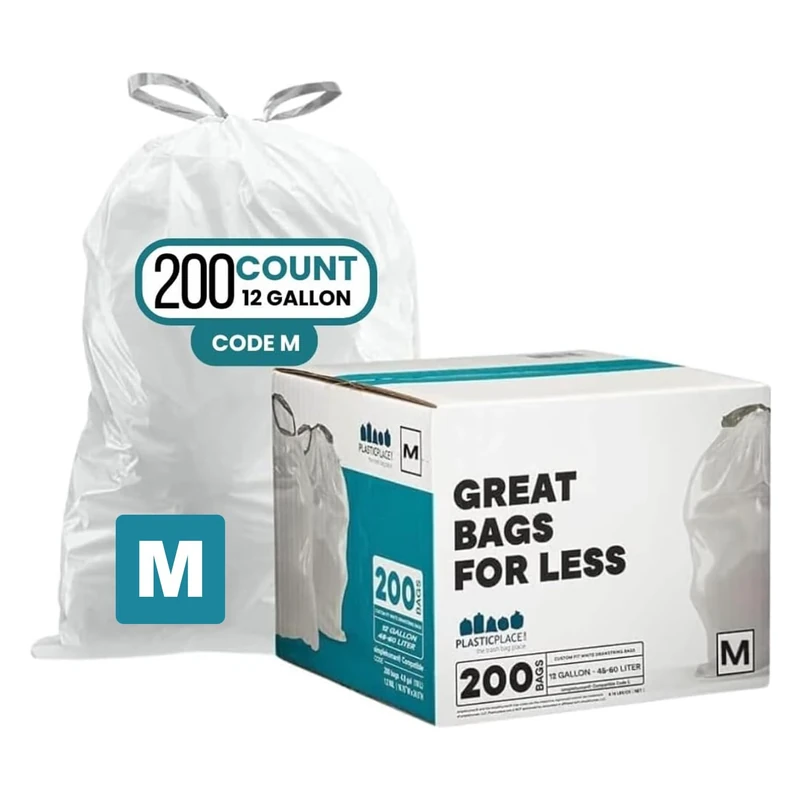 Plasticplace Trash Bags simplehuman (x) Code M Compatible (200 Count)│White Drawstring Garbage Liners 12 Gallon / 45 Liter │ 21.5" x 30.75"