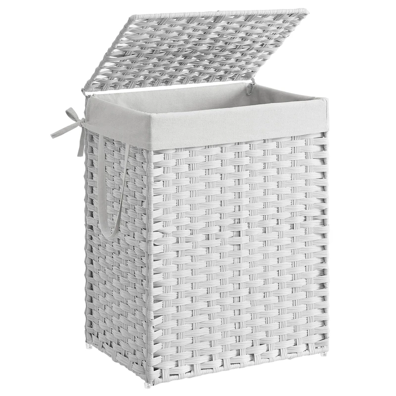 SONGMICS Handwoven Laundry Basket, 90L Synthetic Rattan Clothes Hamper with Lid and Handles, Foldable, Removable Liner Bag, White LCB51WT