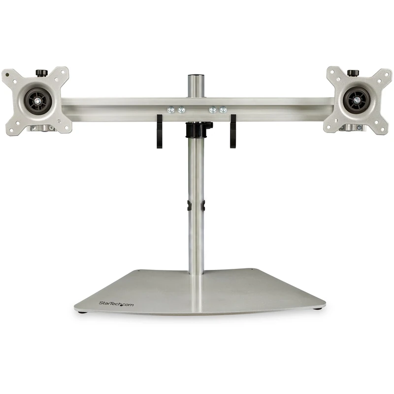 StarTech.com Dual Monitor Stand - Ergonomic Standing Dual Monitor Desktop Stand for two 24" VESA Mount Displays - Synchronized Height Adjustable - Double Monitor Pole Mount - Silver (ARMDUOSS)