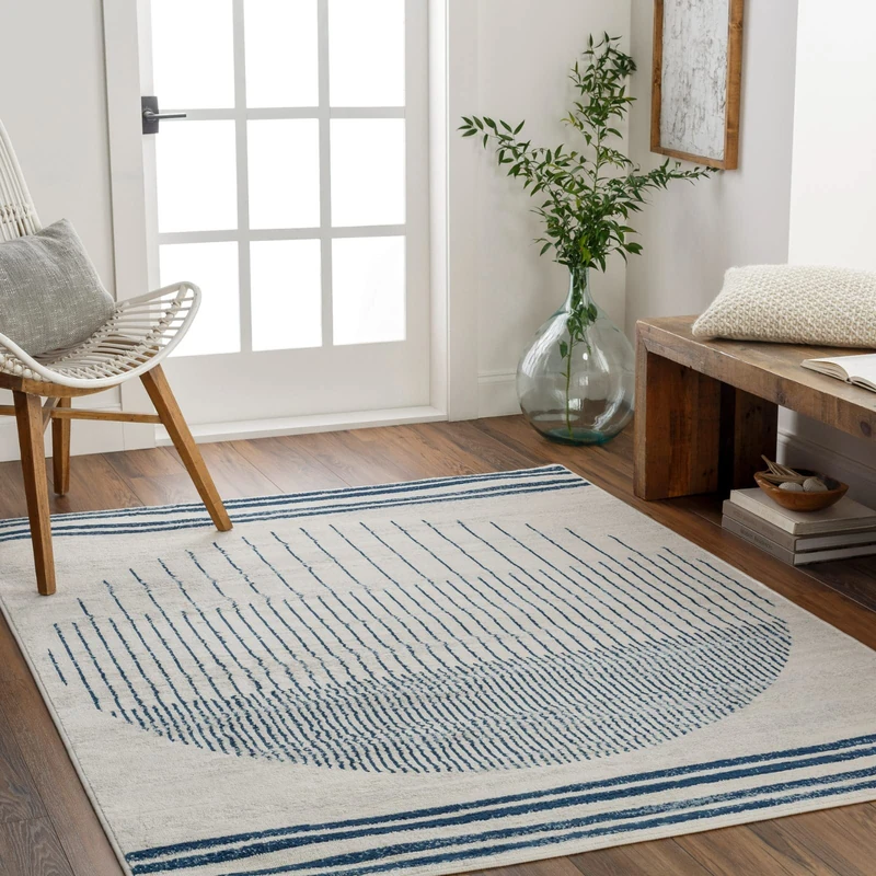 Livabliss Nairobi – 160x216 cm Boho Rug for Living Room, Bedroom, or Dining – Modern Scandinavian Style with Geometric Pattern – Large Rug in Ivory & Blue