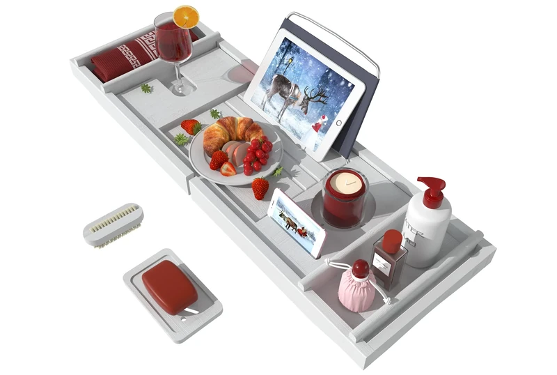 Bathtub Caddy Tray for Luxury Bath - Bamboo Waterproof Expandable Bath Table Over Tub with Wine and Book Holder and Free Soap Dish (White)