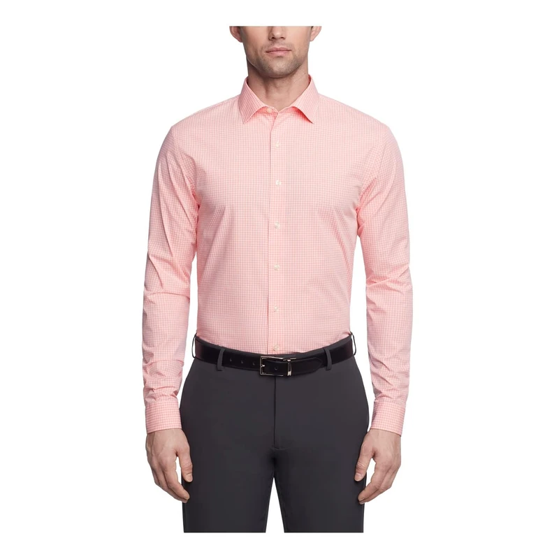 Kenneth Cole Men's Slim Fit Check Spread Collar Dress Shirt, Coral, 17"-17.5" Neck 34"-35" Sleeve