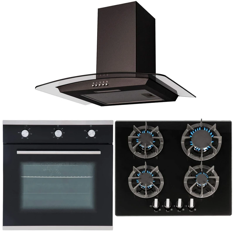 SIA 60cm Single Electric Fan Oven, Gas 4 burner Hob And Curved Glass Cooker Hood