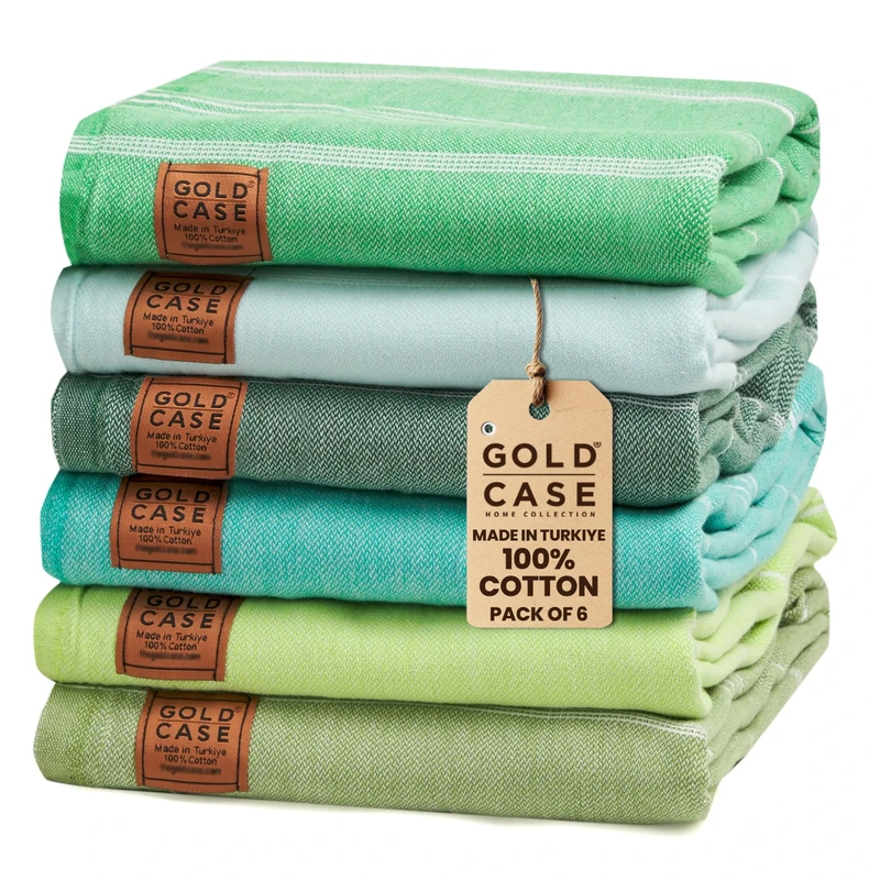 GOLD CASE - Set of 6 XXL 70x39 Inches - Original LYCIA Turkish Bath and Beach Towel - 100% Natural Cotton Pestemal for Beach, Bathroom, SPA, Gym, Pool, Yacht, Picnic (Green Tones)