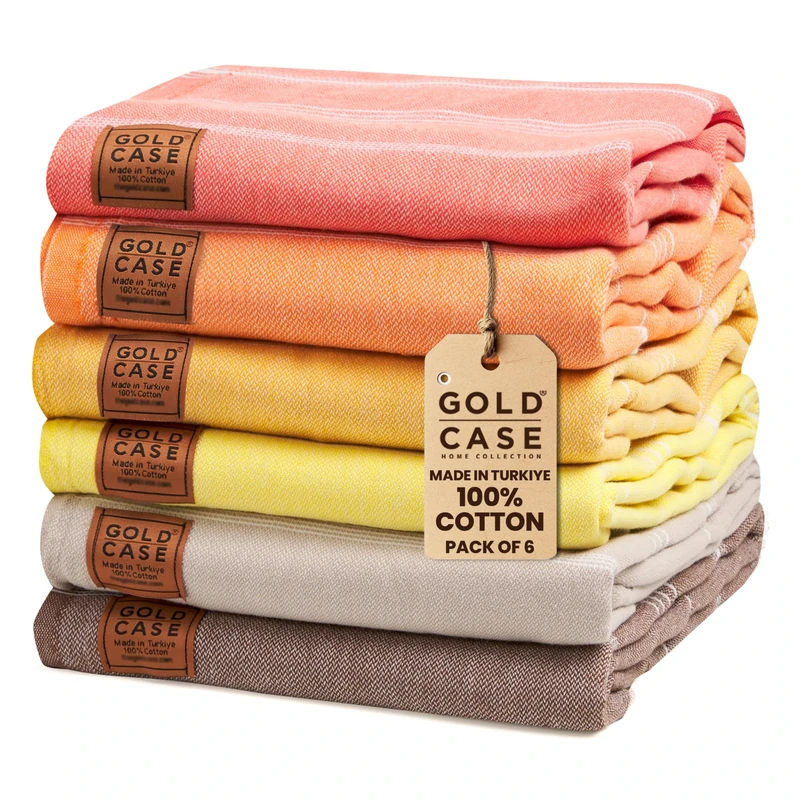 Gold CASE Turkish Beach Towel - Set of 6-100% Cotton - 70x38 inches XXL Oversized - PRE-Washed - Quick Dry Sand Free Turkish Towel - Lightweight Bath Towels (Lycia-Tones of Yellow)