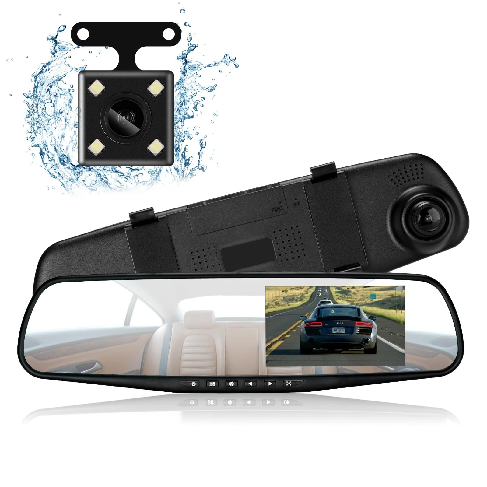 Podazz Dash Cam Mirror Dash Camera Front and Rear 1080P Full HD Video Car Driving Recorder Wide-Angle Dual Lens Dashboard Camera DVR with G-Sensor, Loop Recording Parking Mode Motion Detection (blue)