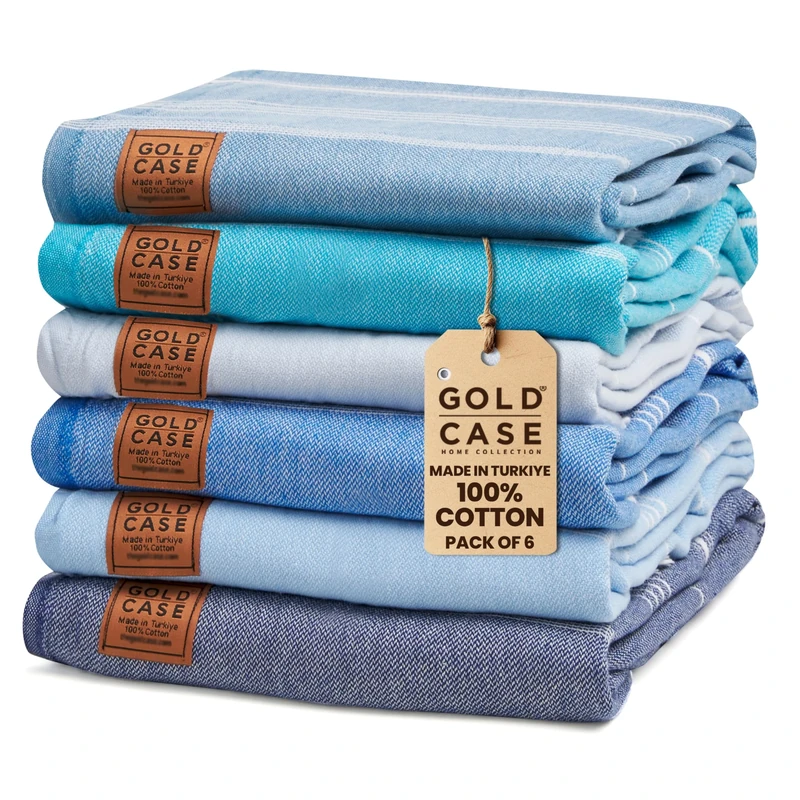 GOLD CASE - Set of 6 XXL 70x39 Inches - LYCIA Turkish Beach, Bath Towel - 100% Natural Cotton - Quick Dry, Space Saver Pestemal for Beach, Bathroom, SPA, Pool, Gym, Yacht, Picnic, Throw (Blue Tones)