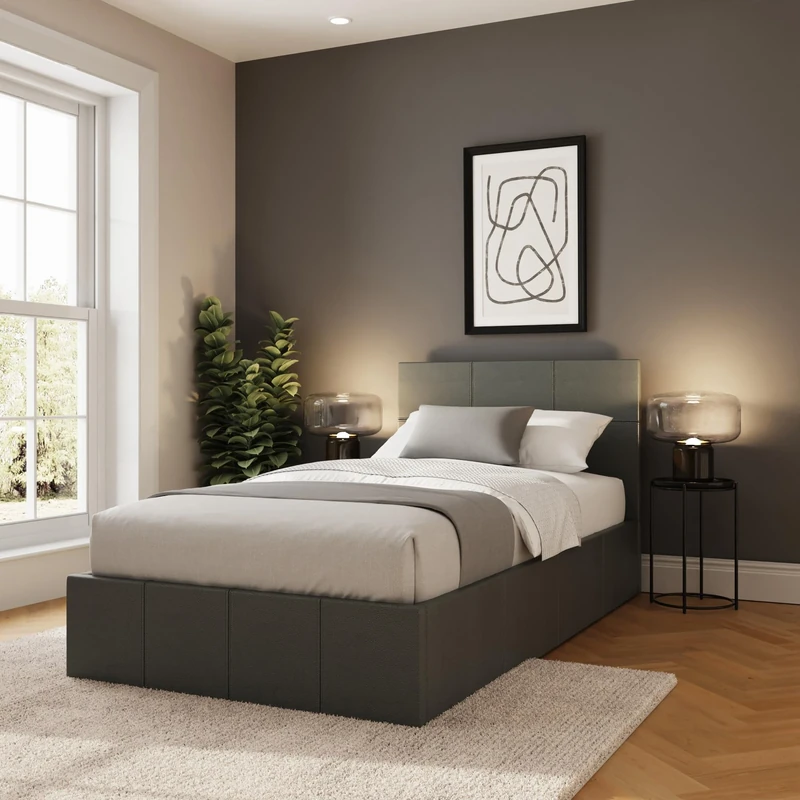 GFW Classic Leather Upholstered Ottoman Storage Bed With Gas Side Lift & Under Bed Storage, Single, Grey
