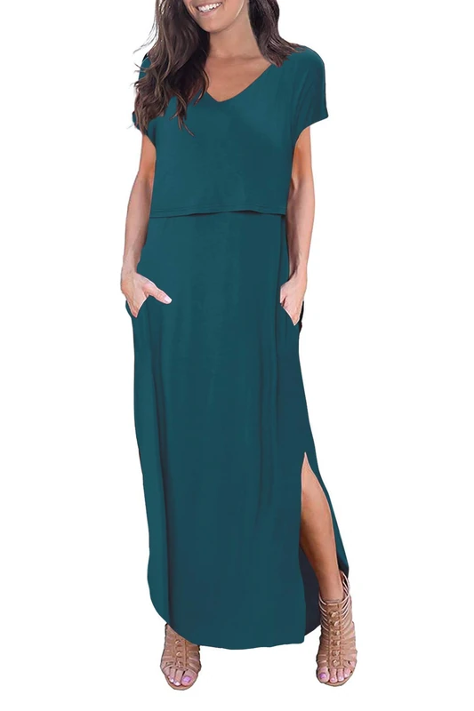 Smallshow Women's Maternity Nursing Dresses Split Long Dress for Breastfeeding - Blue - Small