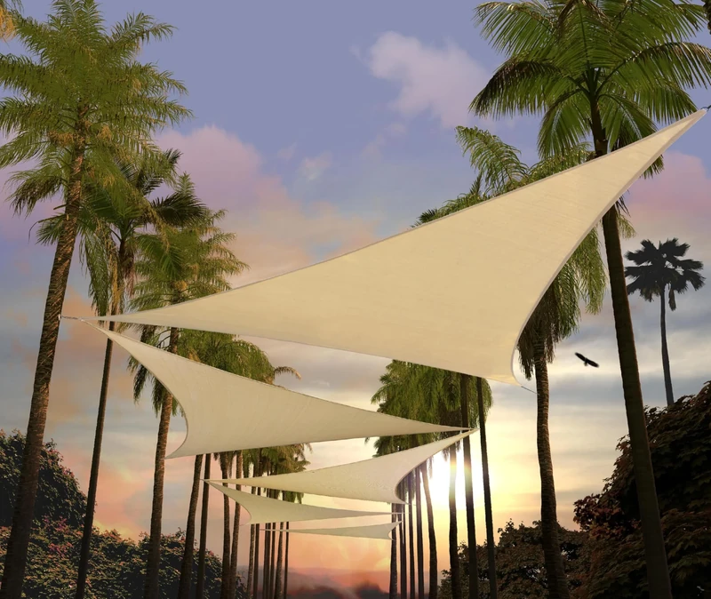 Amgo 32' x 32' x 32' Beige Triangle Sun Shade Sail Canopy Awning ATAPT32, 95% UV Blockage, Water & Air Permeable, Commercial and Residential (We Customize)