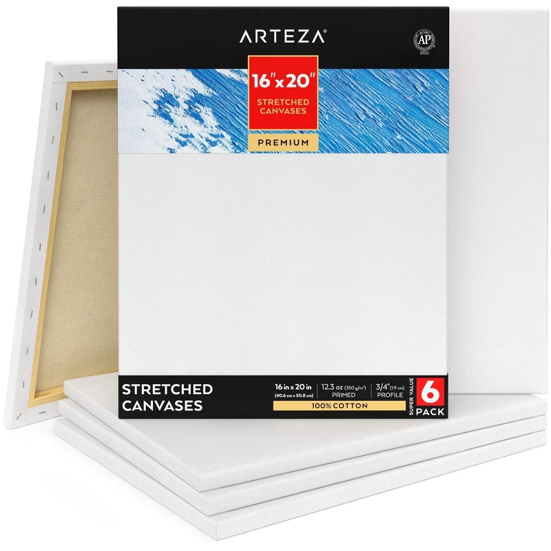 Arteza Stretched Canvas for Painting, Pack of 6, 40.6 x 50.8 cm, 12.3-oz Gesso Primed 100% Cotton Canvases for Acrylic Painting and Pouring