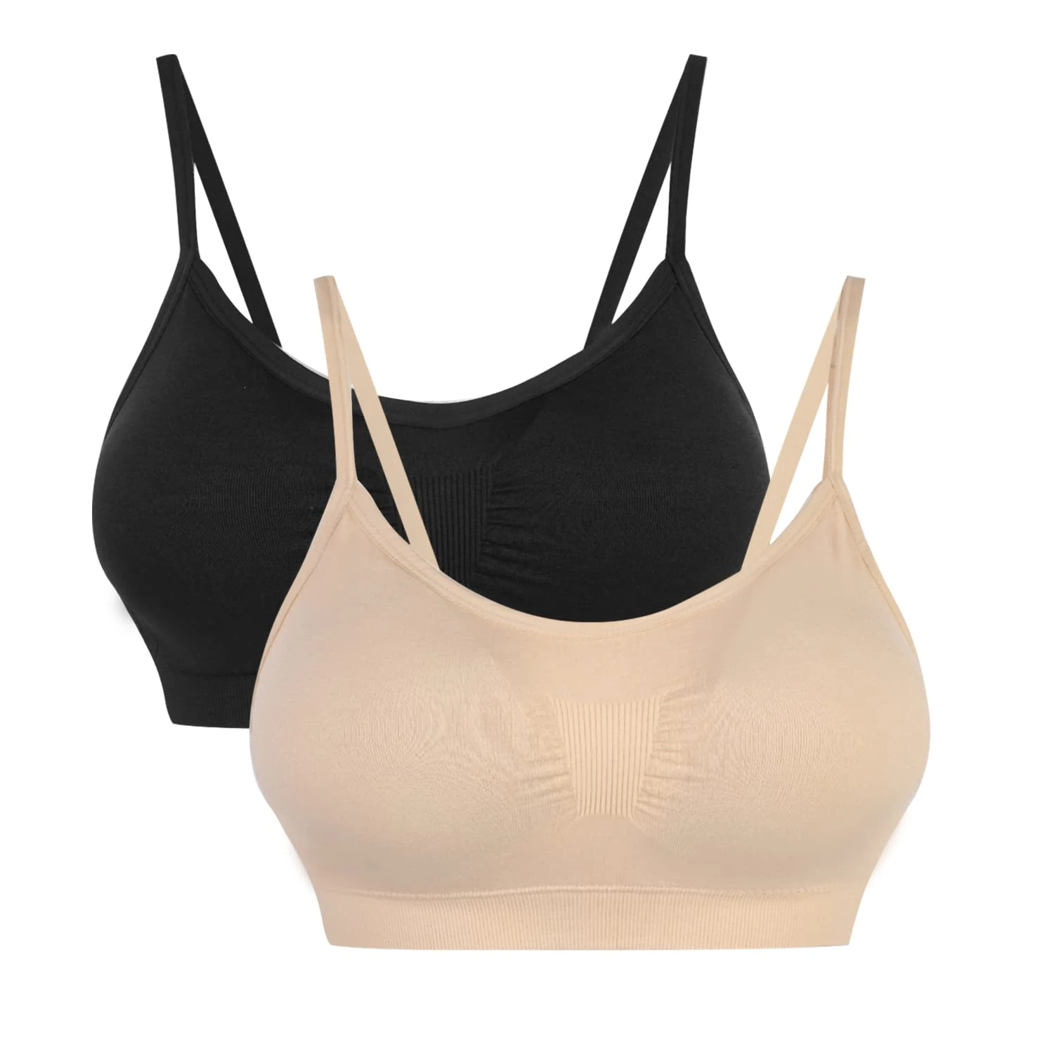 Vertvie Women's Sports Bra Wirefree Seamless Padded Yoga Bra Strap Camisole Short Tank Tops 2/3/6 Pack(2 Pack- Black+ Skin,Tag XL/UK L)