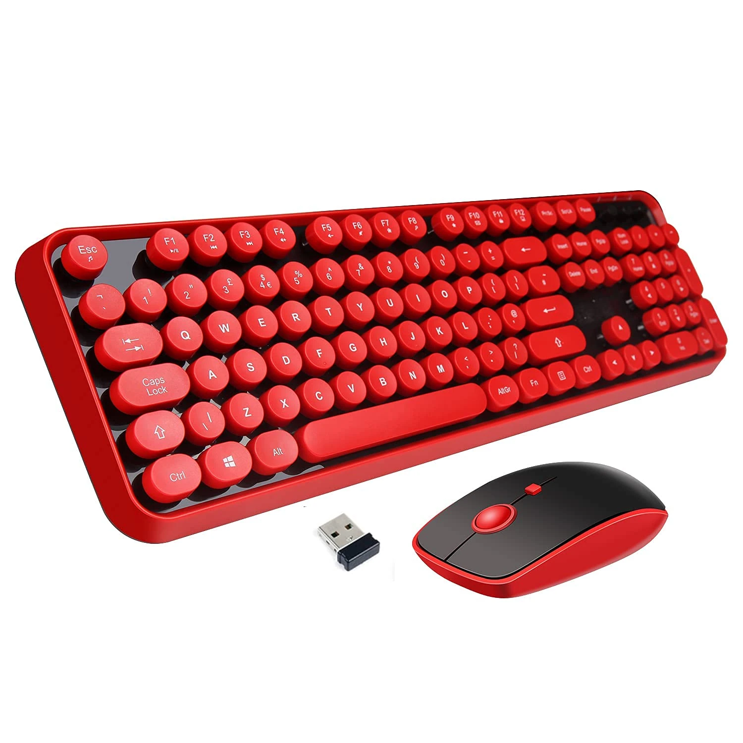 Letton Wireless Keyboard Mouse Combo, 2.4GHz Typewriter-Style Full Size Office Computer Retro Keyboard and Cute Mouse With 3 DPI for Mac PC Desktop Laptop - Red